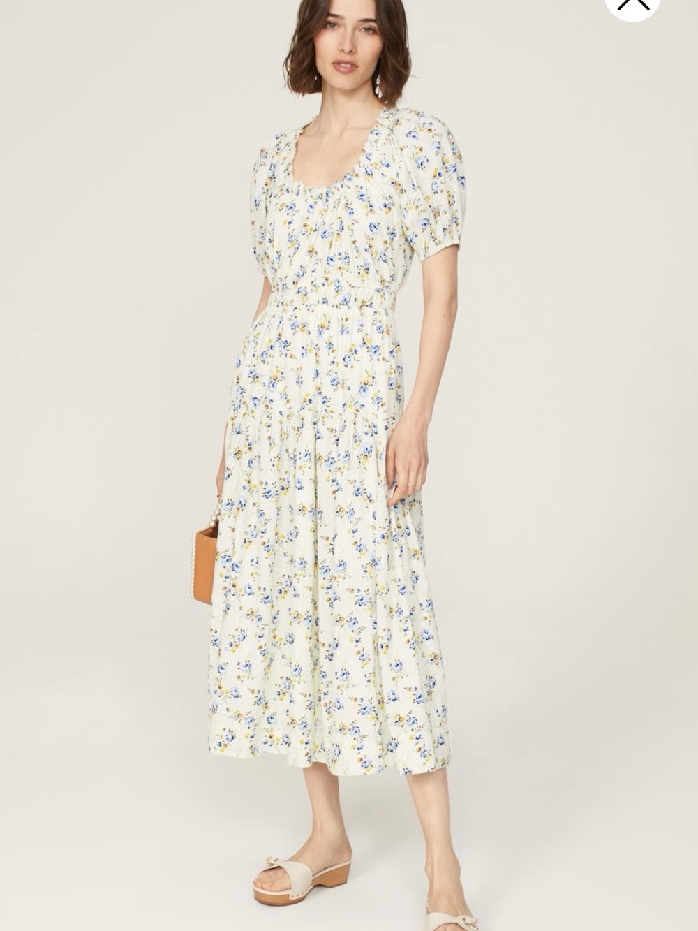 THE GREAT. Cream Midi Dress with Blue Floral Print